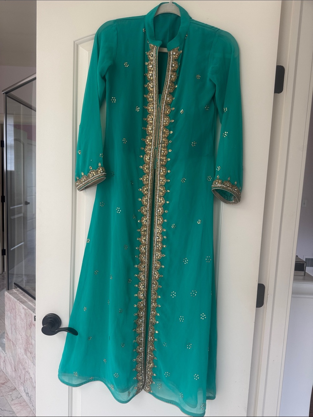 Embellished Teal Long Sleeve Women's Kaftan with Gold Trim
